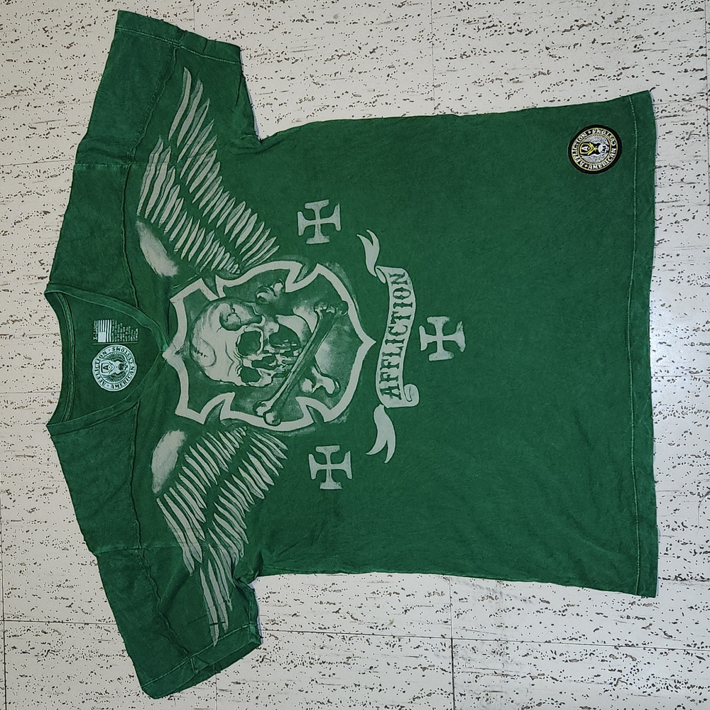 Affliction American Customs Full Graphic Spell Out T Shirt Green And Gray